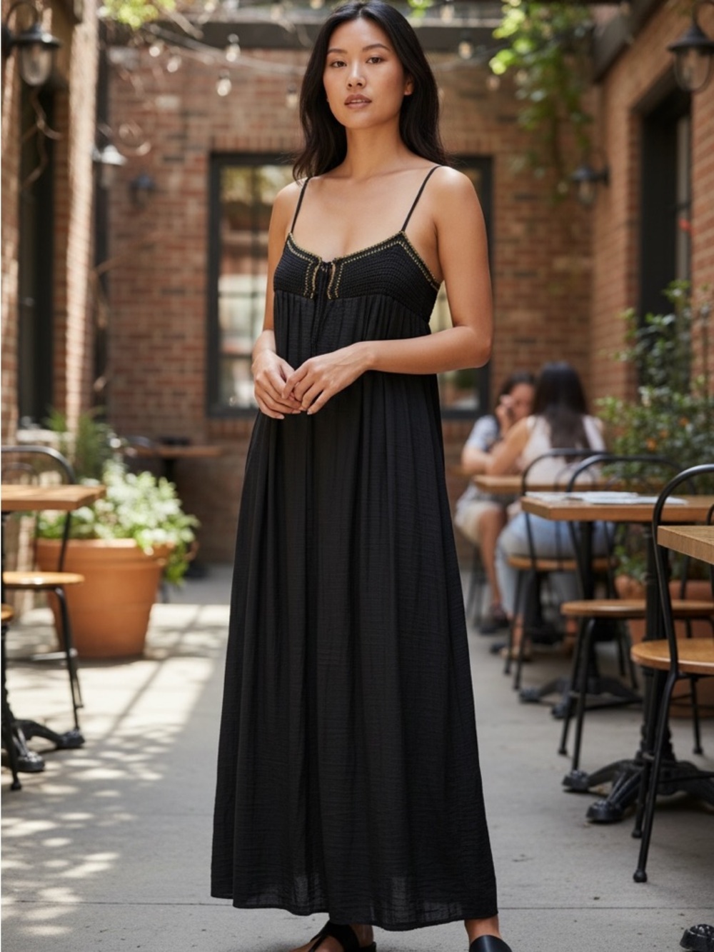 Black Spaghetti-Strap Maxi Dress with Contrast Trim
